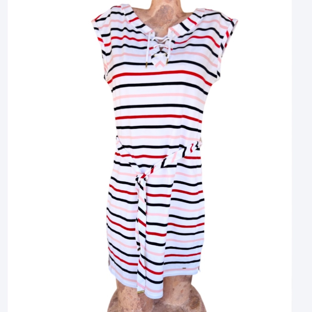 Multi-Color Horizontal Stripe Shift Dress Adjustable Belt